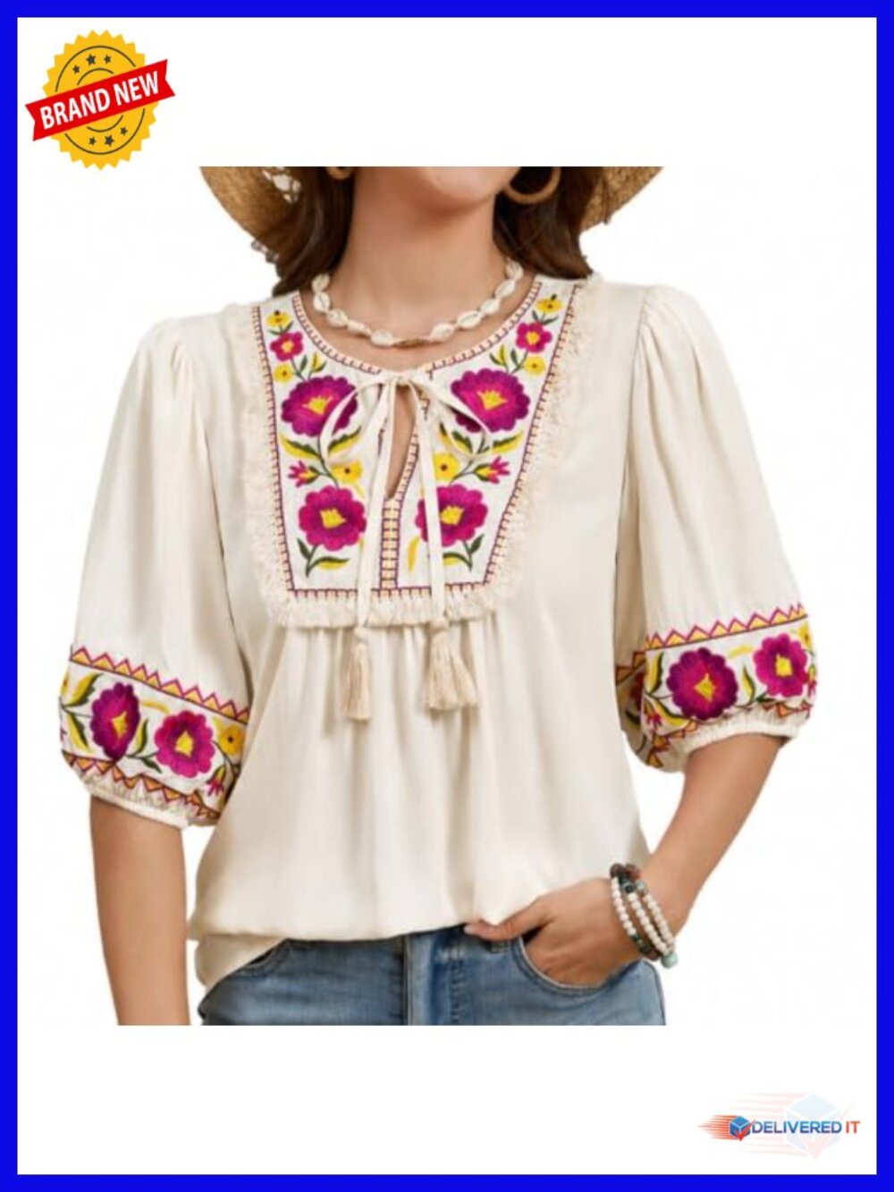 Boho Floral Embroidered Puff Sleeve Peasant Blouse